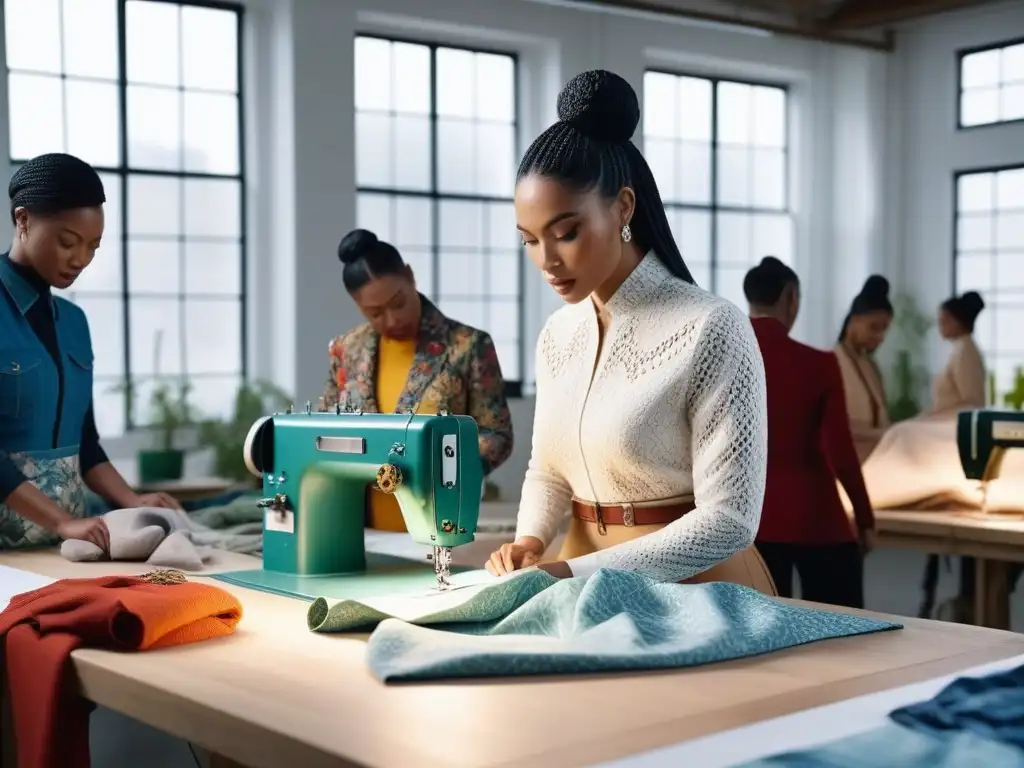 Diseñadores de moda creando piezas sostenibles en estudio inclusivo Un equipo diverso de diseñadores de moda trabajando juntos en un estudio sostenible, rodeados de telas ecológicas y bocetos vibrantes