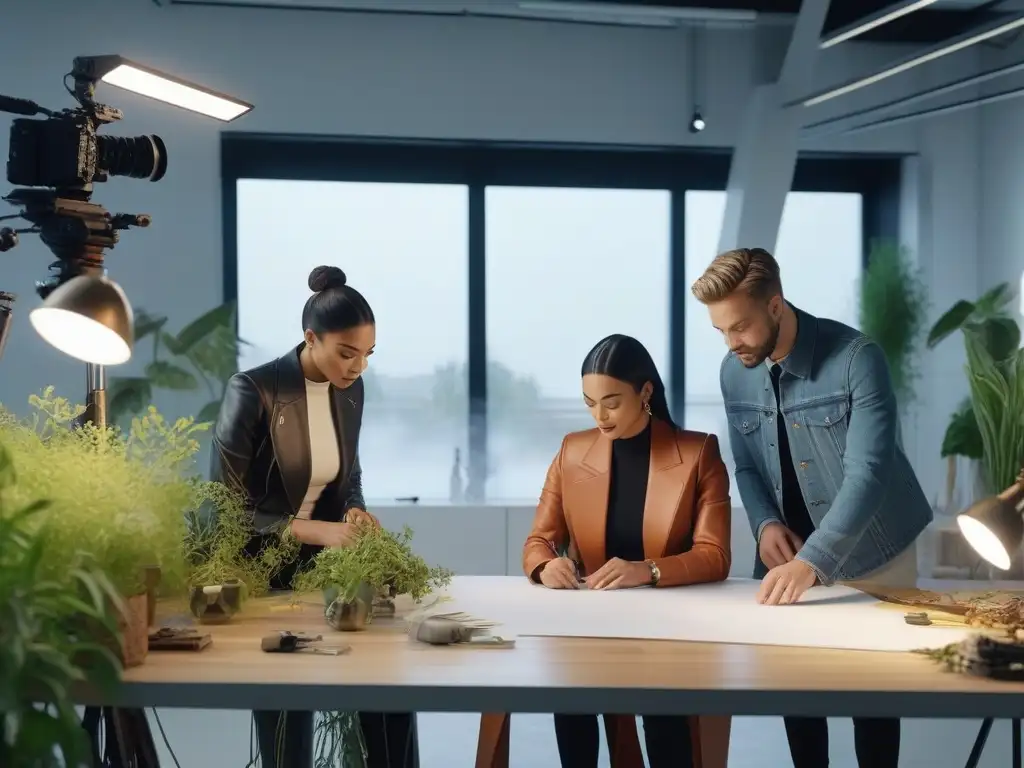 Diseñadores de moda innovando juntos en estudio sostenible Un equipo diverso de diseñadores de moda trabajando juntos en un estudio futurista con materiales sostenibles