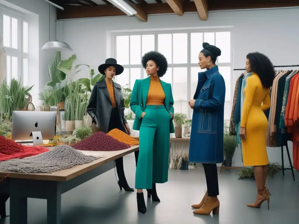 Diseñadores de moda sostenible colaboran con pasión en estudio creativo Un equipo diverso de diseñadores de moda colaborando en un estudio brillante con materiales sostenibles