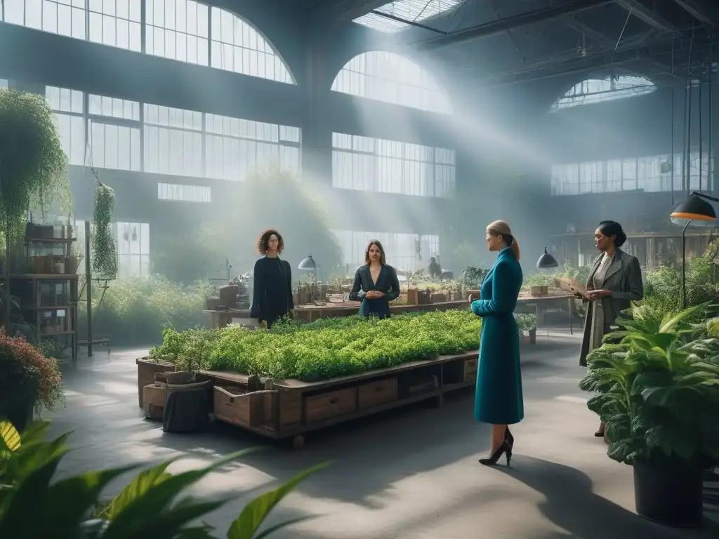 Diseñadores de moda creando juntos en un estudio sostenible y diverso Un equipo diverso de diseñadores de moda colabora en un estudio sostenible e inclusivo, rodeado de plantas y luz natural