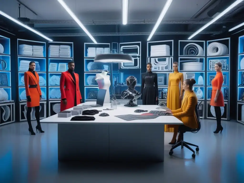 Diseñadores de moda creando en estudio futurista con tecnología 3D Un equipo diverso de diseñadores de moda trabaja en un estudio futurista con impresión 3D