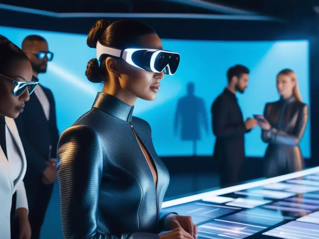 Colaboración futurista de diseñadores de moda y expertos en tecnología Un equipo diverso de diseñadores de moda y expertos en tecnología colaboran usando gafas de realidad aumentada en un estudio futurista, creando diseños inclusivos e innovadores