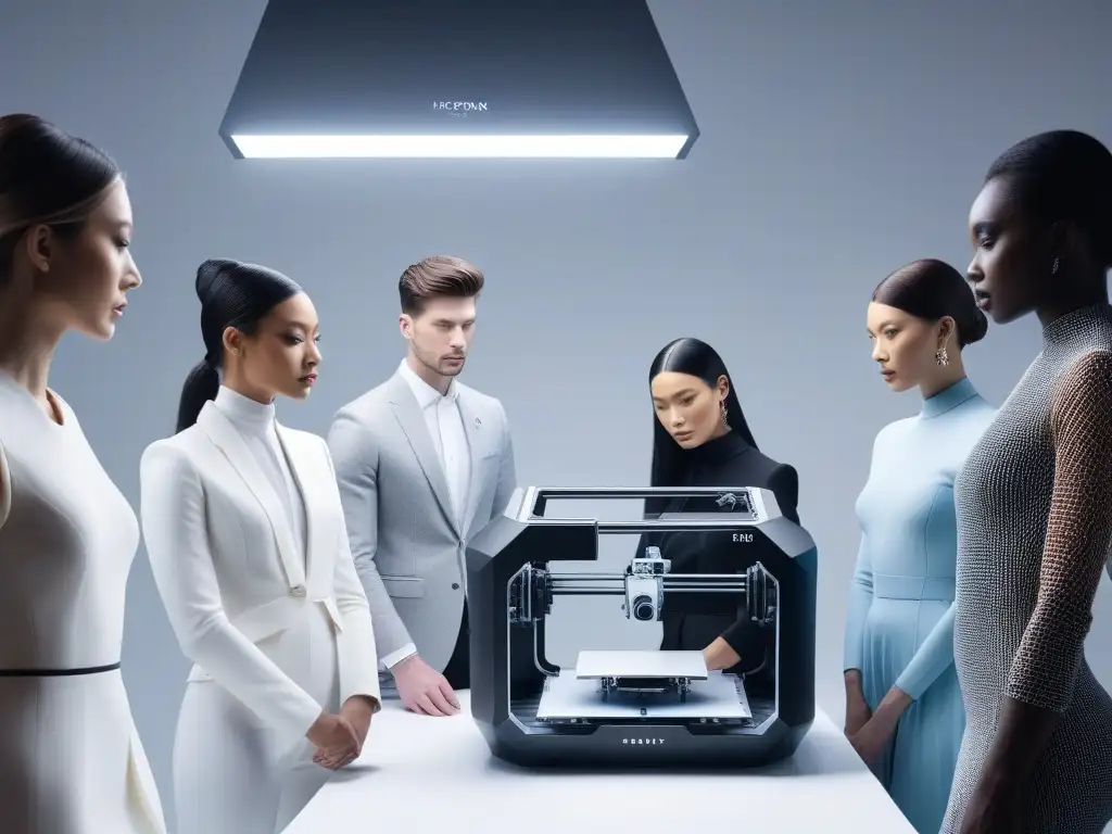 Diseñadores de moda creando con impresoras 3D en estudio futurista Un equipo diverso de diseñadores de moda creando piezas vanguardistas con impresoras 3D en un estudio futurista, mostrando impacto social en la moda