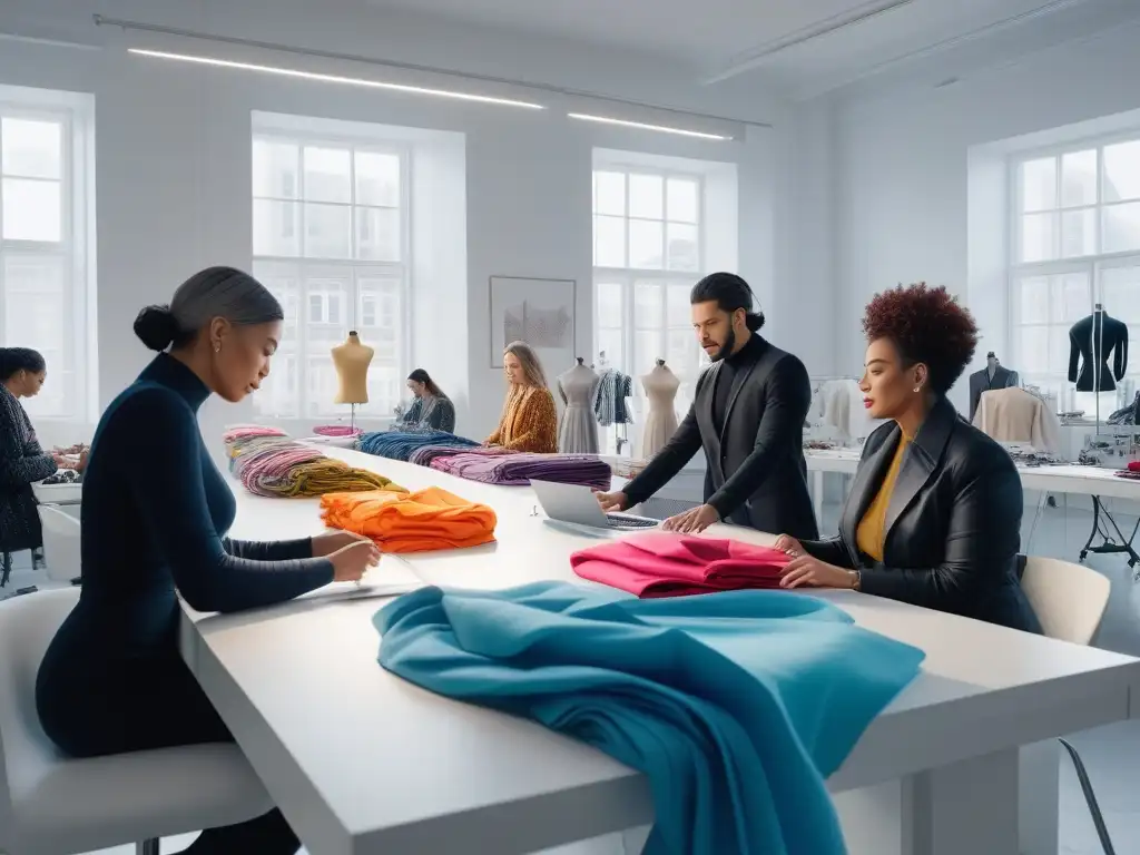 Diseñadores de moda diversos crean juntos en un estudio vibrante Un equipo diverso de diseñadores de moda trabajando en un estudio luminoso y moderno, reflejando el espíritu del diseño de moda inclusivo