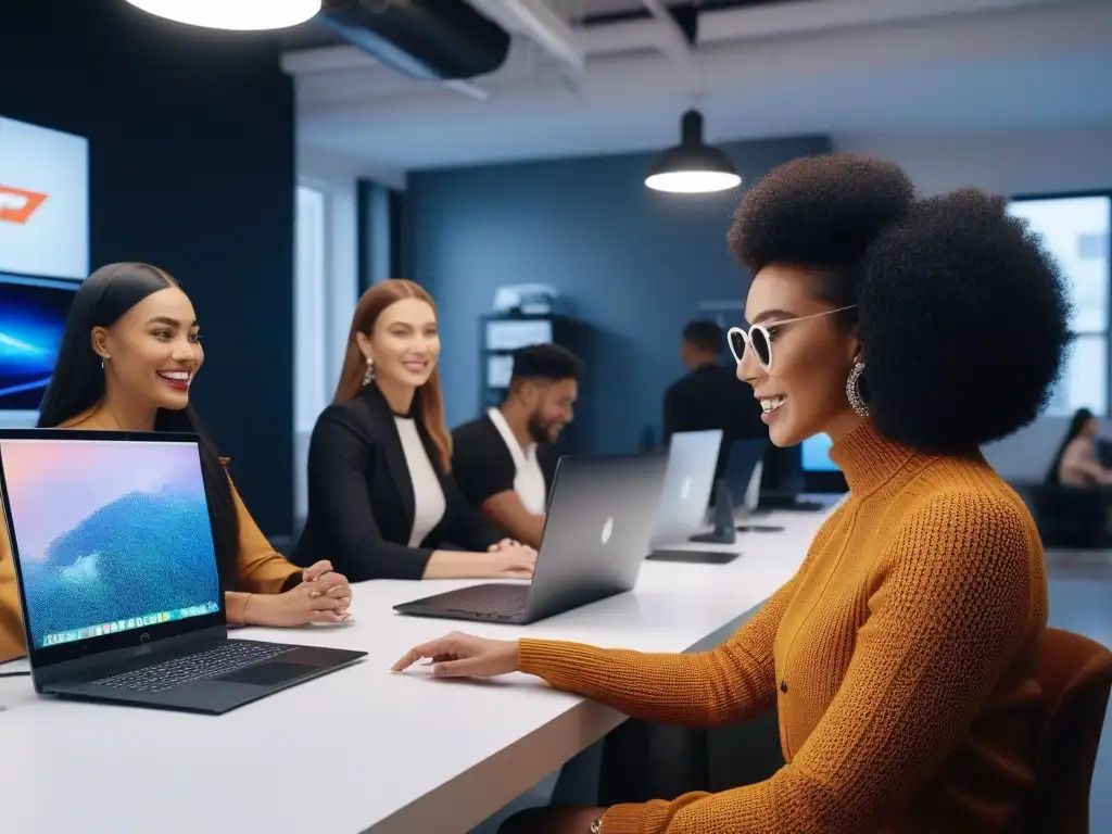 Equipo innovador de emprendedores diverso en oficina tech-savvy Un equipo diverso de emprendedores jóvenes, hombres y mujeres, trabajando juntos en una oficina startup tecnológica y moderna
