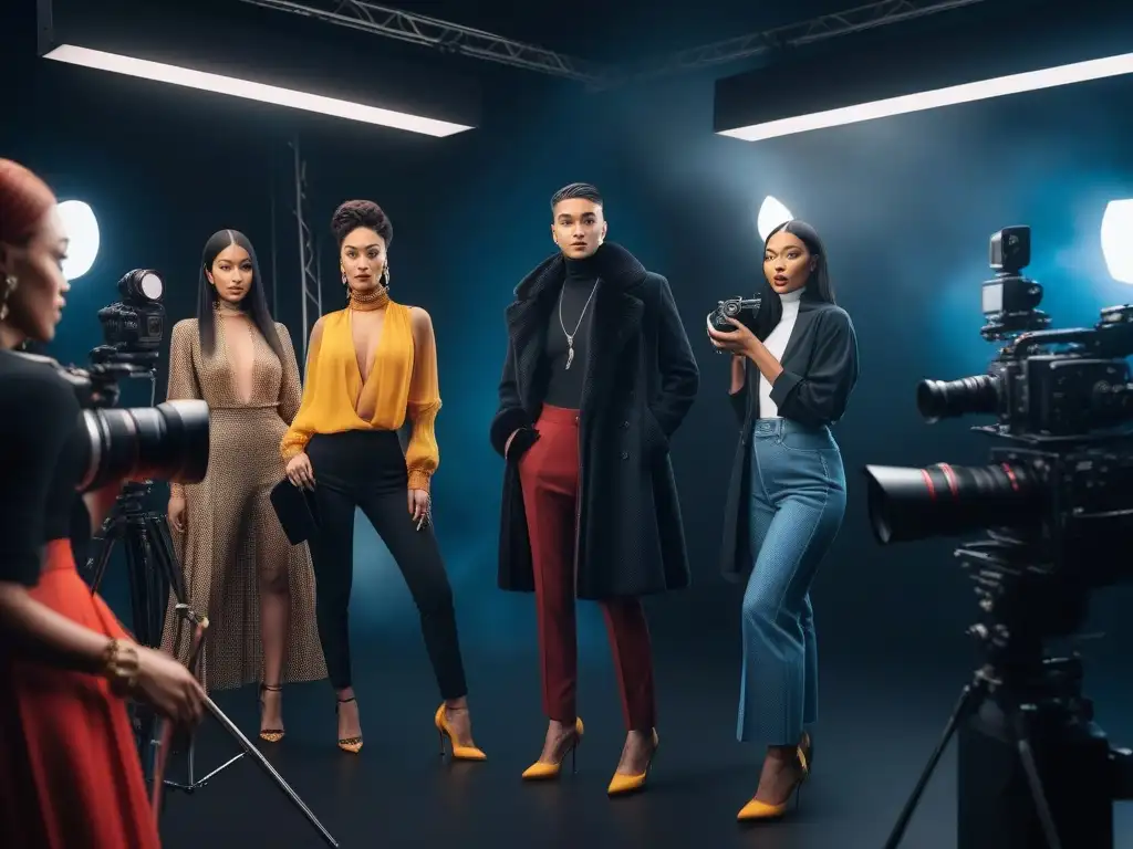 Equipo diverso de fotógrafos de moda en sesión creativa Un equipo diverso de fotógrafos de moda colaborando apasionadamente en una sesión, reflejando inclusión y creatividad
