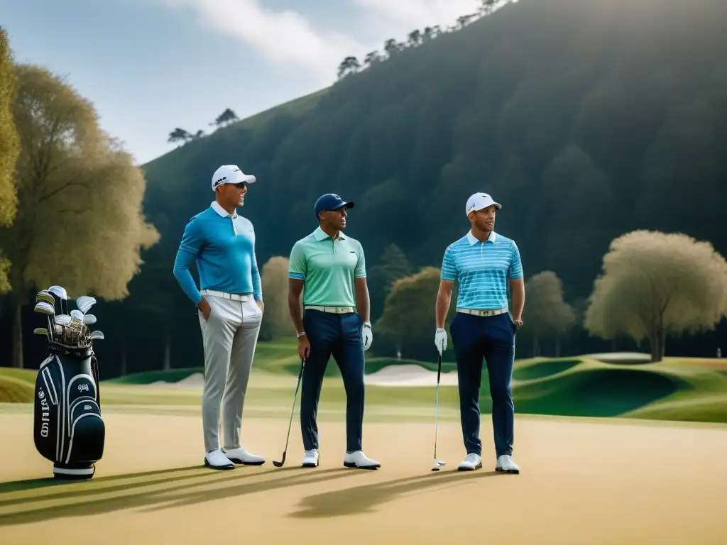 Golfistas diversos unidos por la pasión y la inclusión Un equipo diverso de golfistas disfruta del sol en un campo de golf, luciendo moderna y elegante ropa de golf para todos