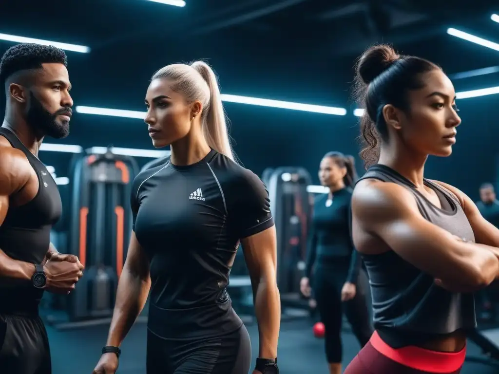 Entrenamiento premium: diversidad, dedicación y sincronización Equipo diverso en intenso entrenamiento en gimnasio de alta tecnología