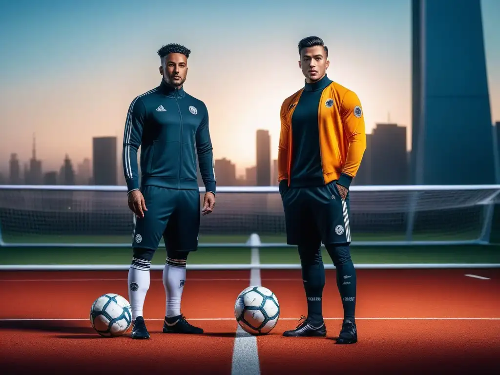 Equipo diverso en pose poderosa en campo de fútbol futurista Un equipo diverso de jóvenes atletas en un campo de fútbol futurista, unidos en una pose poderosa