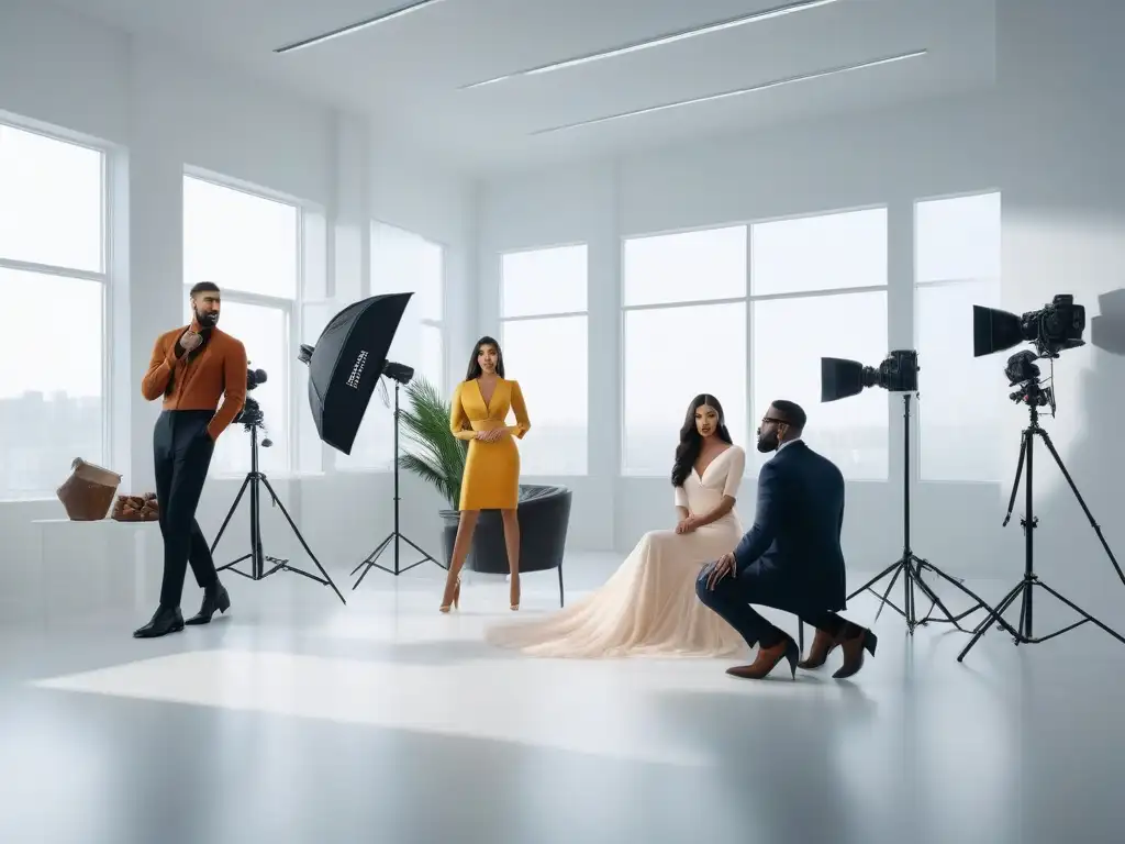 Equipo creativo: sesión de fotos inclusiva en estudio moderno Un equipo diverso y profesional colabora en una sesión de fotos inclusiva en un estudio luminoso y moderno