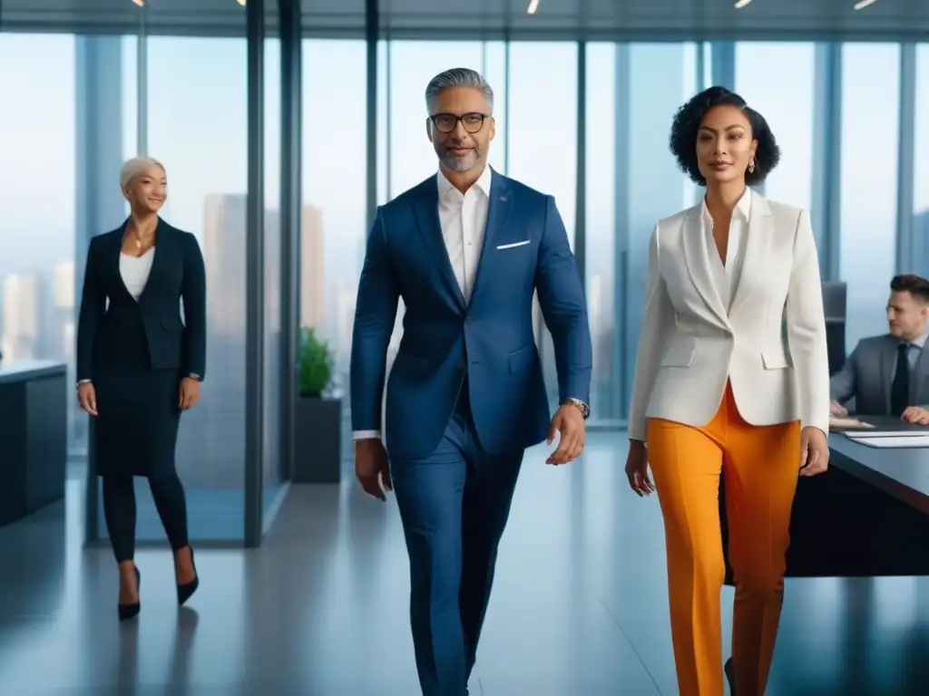 Diversidad y profesionalismo en la oficina moderna Un equipo diverso de profesionales camina con estilo en un espacio de oficina moderno, representando la moda profesional inclusiva para todos