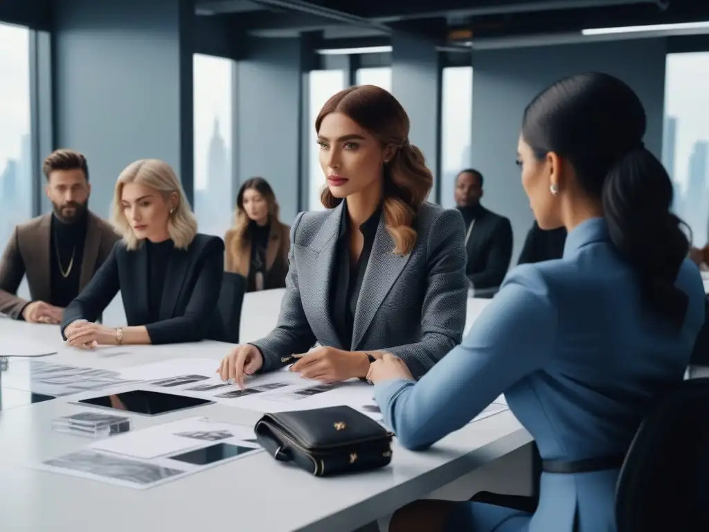 Reunión de profesionales de la moda: creatividad y determinación Un equipo diverso de profesionales de la moda en una reunión de crisis en una oficina moderna, rodeados de bocetos y tejidos