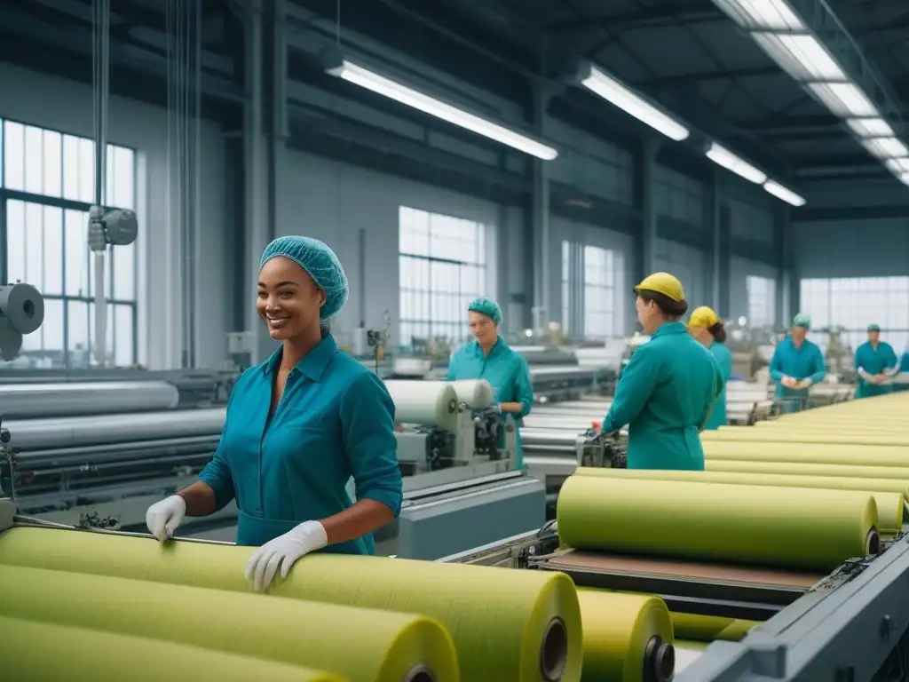 Fábrica textil sostenible: trabajadores felices produciendo con orgullo Un equipo diverso y sonriente en una fábrica textil moderna, produciendo tejidos sostenibles de cáñamo y Tencel