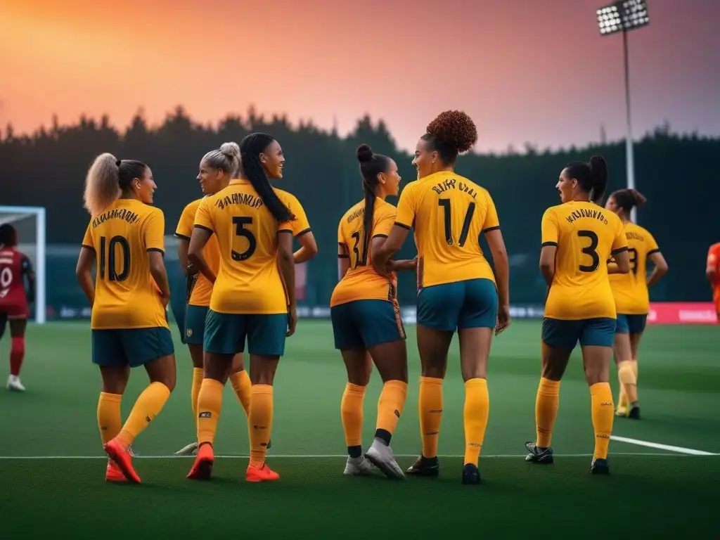 Equipo de fútbol inclusivo: diversidad y unión en el campo Un equipo diverso y unido de jugadores de fútbol en un campo vibrante, mostrando la moda deportiva inclusiva para todos