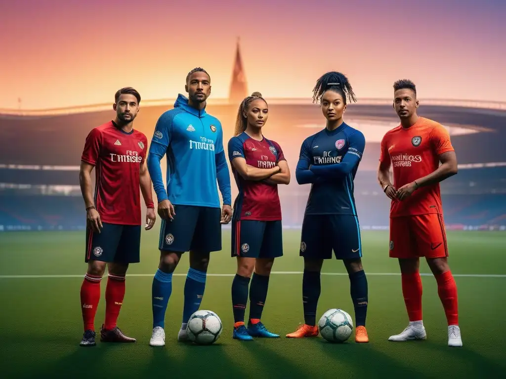 Equipo inclusivo de fútbol en la ciudad al atardecer Equipo de fútbol diverso en moda deportiva inclusiva para todos, unidos en la cancha al atardecer en la ciudad