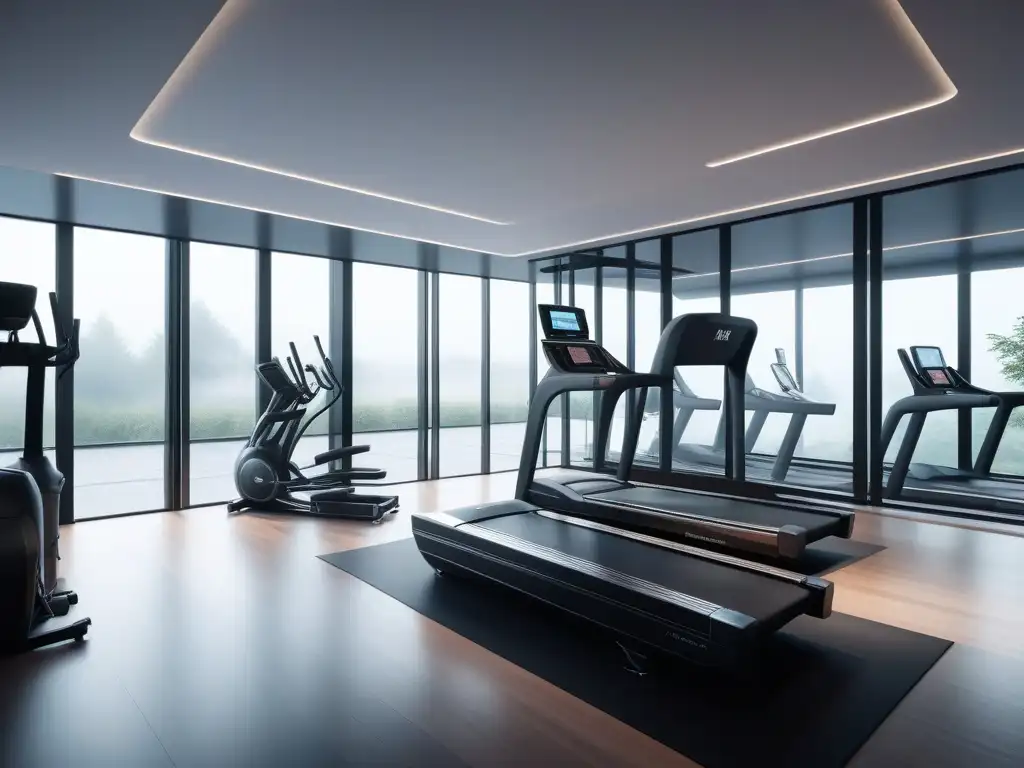 Equipamiento fitness de lujo: innovación ergonómica en un entorno moderno Equipo fitness de lujo con tecnología avanzada y diseño ergonómico en un gimnasio moderno