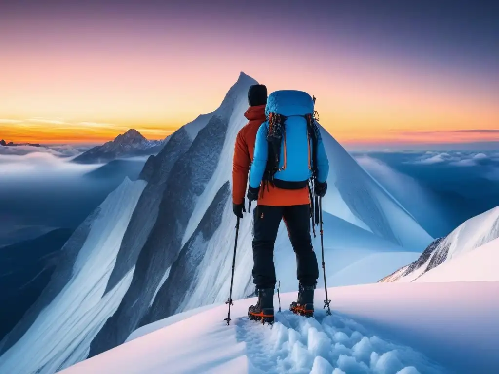Ascenso sostenible: montañeros escalan pico nevado al atardecer Un equipo de montañistas diversos escalando una cumbre nevada al atardecer con ropa sostenible para climas extremos inclusiva