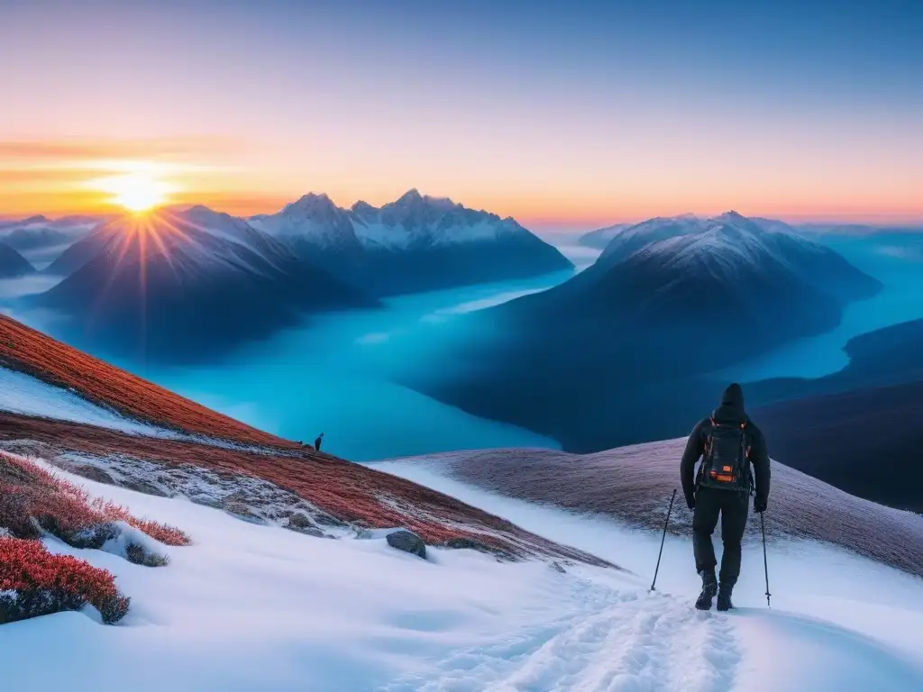 Equipo de invierno sostenible en cima nevada al amanecer Equipo de montañistas con ropa sostenible climas extremos inclusiva en cumbre nevada al amanecer