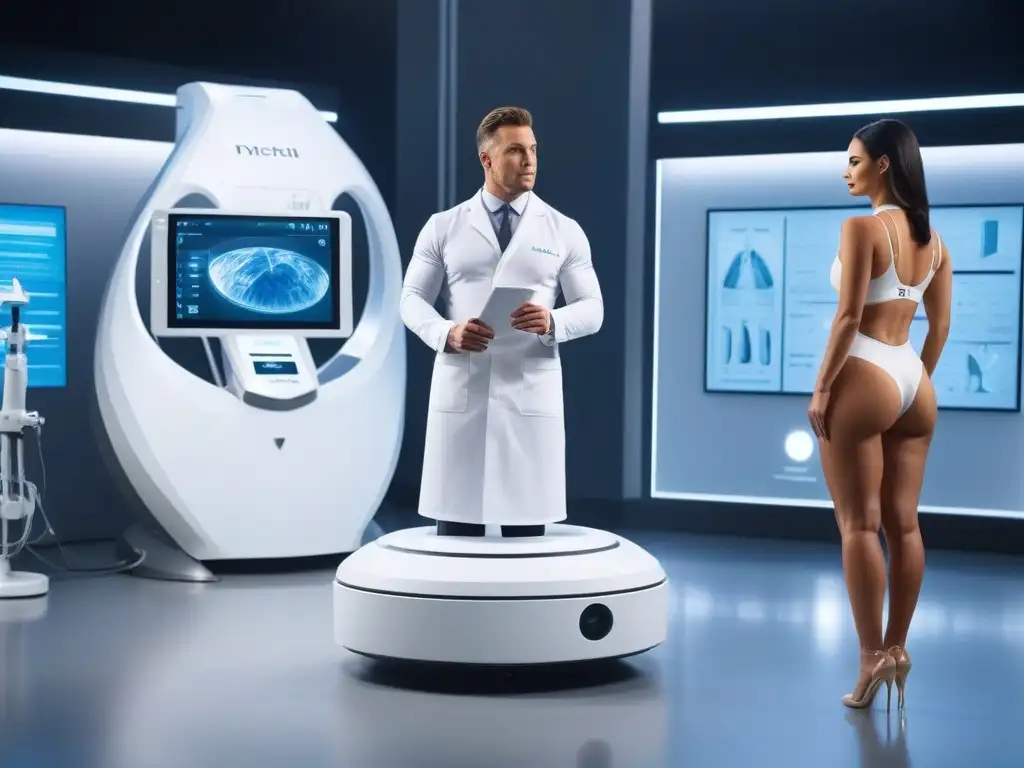 Avanzada tecnología de liposucción sin cirugía en clínica moderna Un equipo de profesionales en un moderno clínica junto a una máquina de liposucción no quirúrgica de última generación