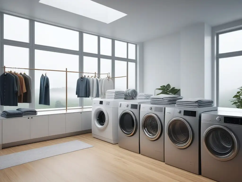 Equipo eco: Sonrisas y doblado de ropa sostenible Un equipo sonriente y diverso dobla ropa de tallas especiales en un lavadero ecoamigable, bañado por luz natural