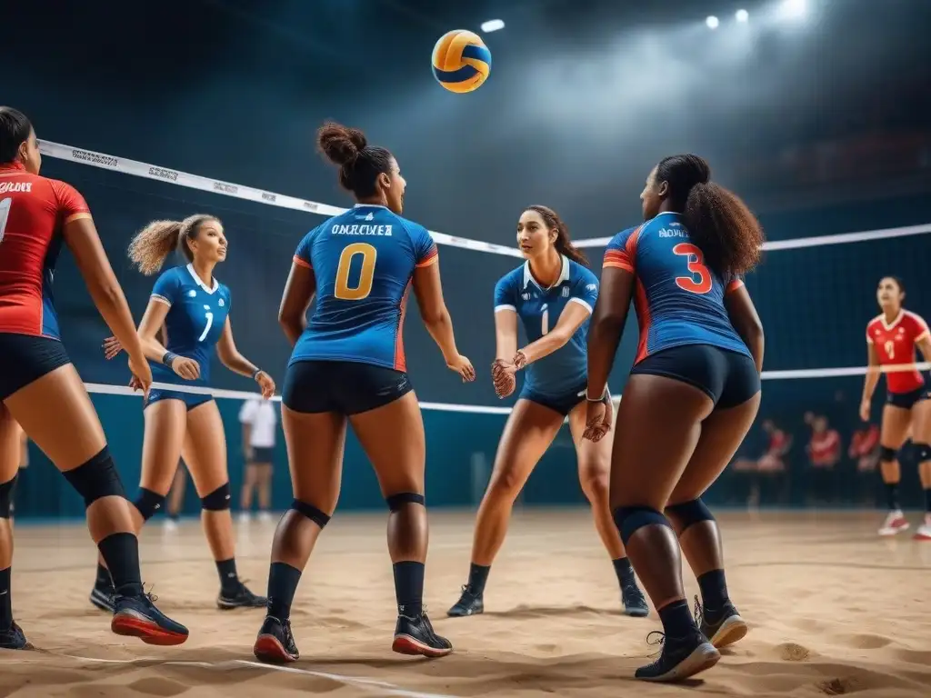 Voleibol inclusivo: unidad y diversidad en la cancha Equipo de voleibol en acción con uniformes voleibol tallas especiales, celebrando la diversidad y la inclusión