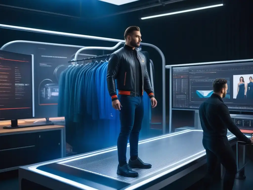 Escaneo corporal 3D: Innovación y precisión en moda a medida Un escáner 3D de vanguardia captura medidas precisas para la producción de ropa a medida para todos en un taller innovador y colaborativo