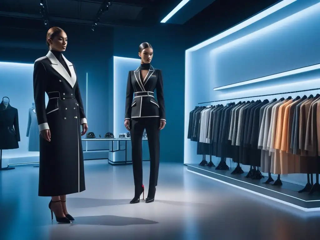 Showroom de moda futurista con pasarela impactante Escaparate de moda futurista con pasarela iluminada, maniquíes vanguardistas y ambiente de innovación