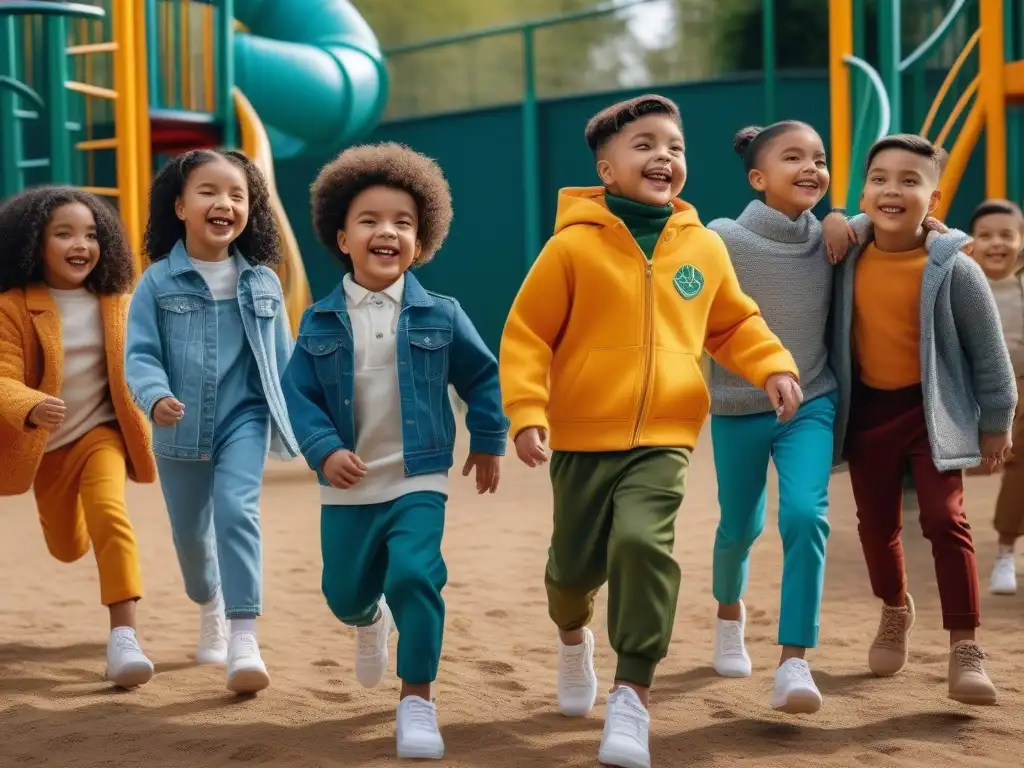 Moda inclusiva: niños felices jugando en un parque de diseño diverso Una escena alegre y diversa de niños jugando juntos en un parque inclusivo con ropa de marcas de moda infantil inclusiva 2023