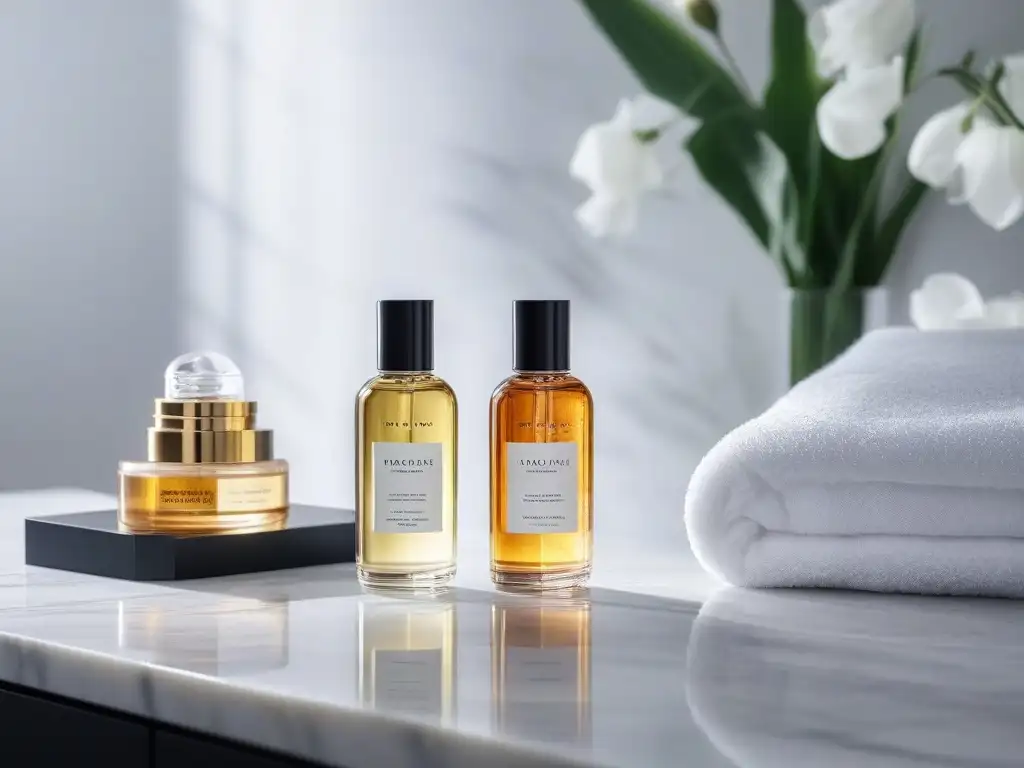 Rutina de belleza de lujo en mármol Una escena de belleza de alta gama con productos lujosos en un elegante tocador de mármol