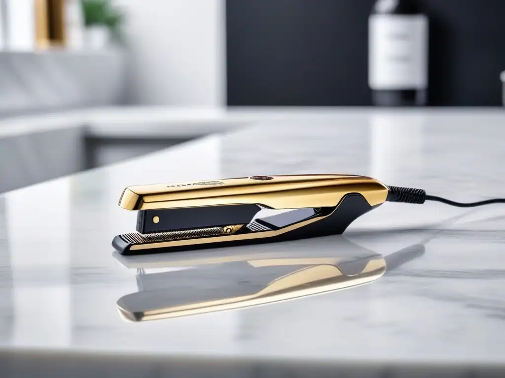 Plancha de pelo negra y dorada: escena de belleza glamurosa Una escena de belleza transformadora con una plancha de pelo negra y dorada de alta gama sobre un mostrador de mármol, iluminada suavemente