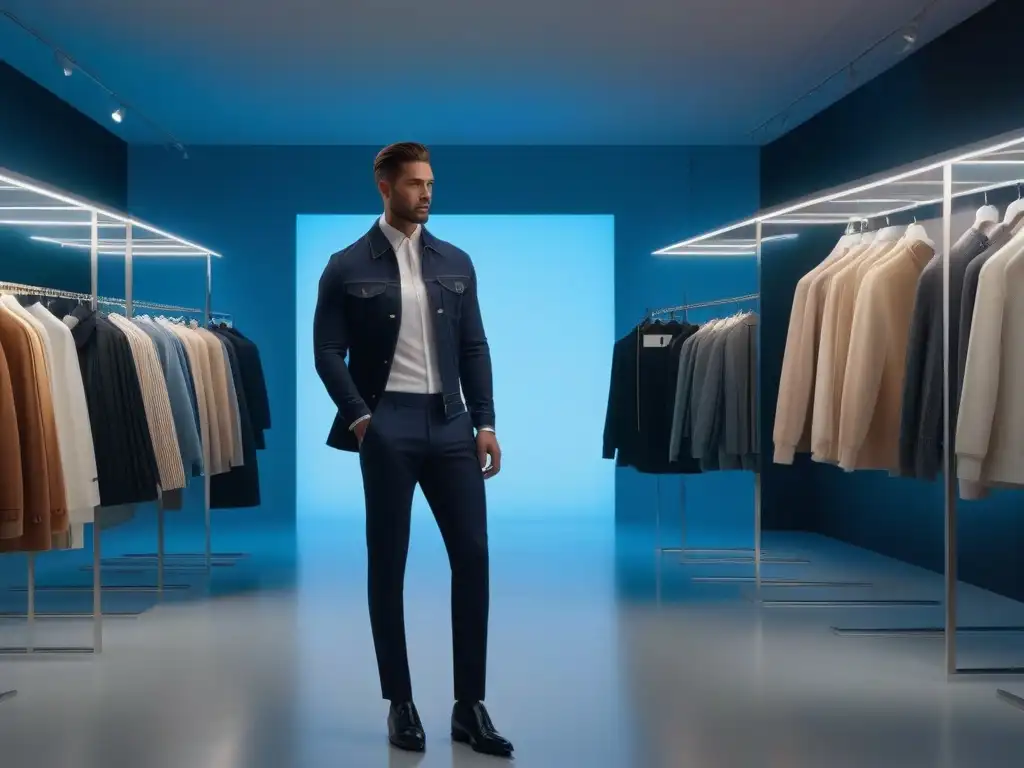 Escena elegante en showroom boutique con moda nicho, asesores y métricas éxito campañas marketing moda nicho