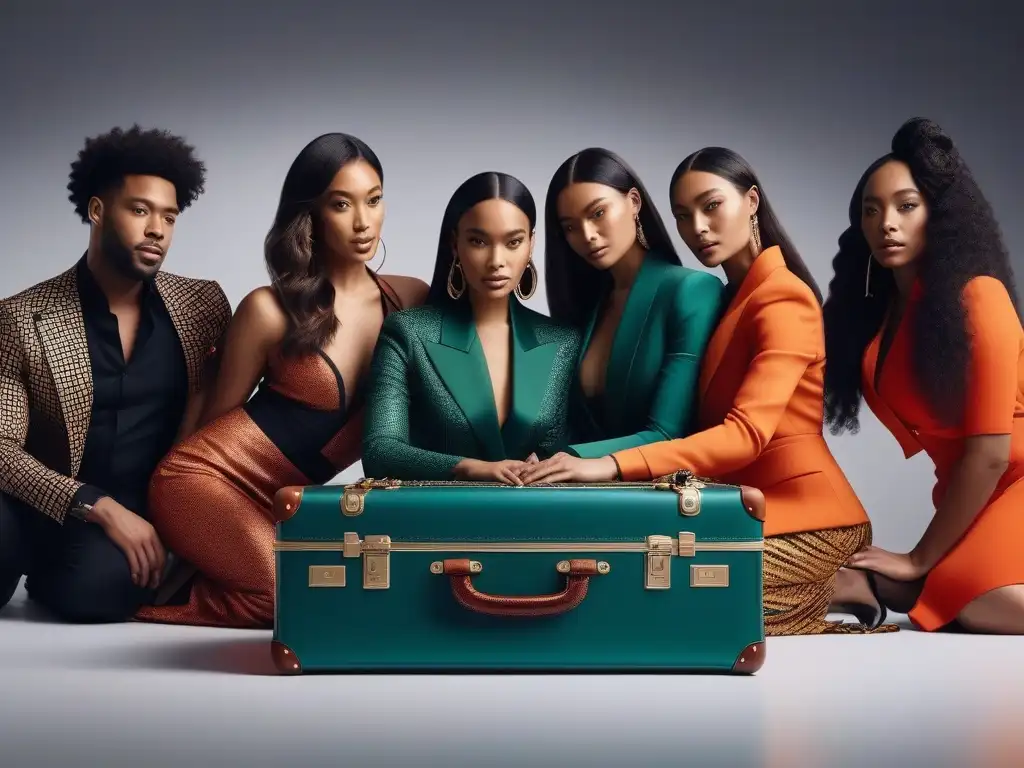 Empacando diversidad: moda inclusiva para todos Una escena emocionante de diversidad y moda inclusiva, con personas felices empacando prendas de vestir a la moda en una maleta moderna y elegante