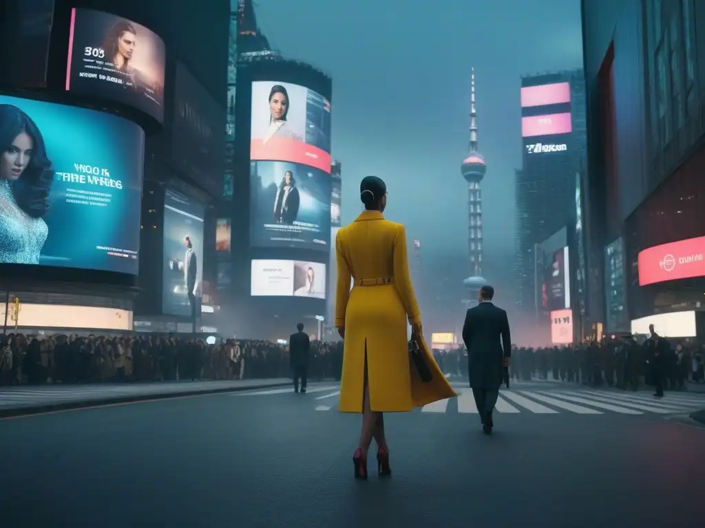 Moda tecnológica en ciudad futurista al atardecer Una escena futurista de una calle de ciudad animada con vallas publicitarias digitales que muestran datos en tiempo real sobre tendencias de moda