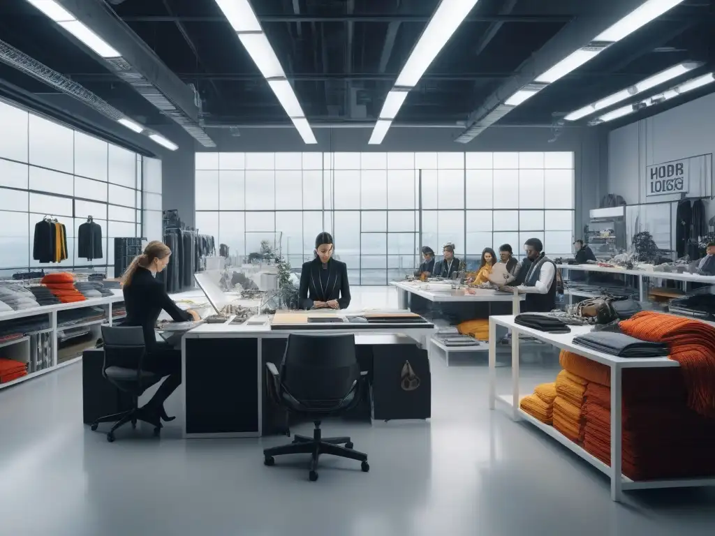 Atelier futurista: Diseñadores de moda creando con materiales sostenibles Una escena futurista en un estudio de diseño sostenible, donde expertos en moda debaten Normativas sostenibilidad moda ropa