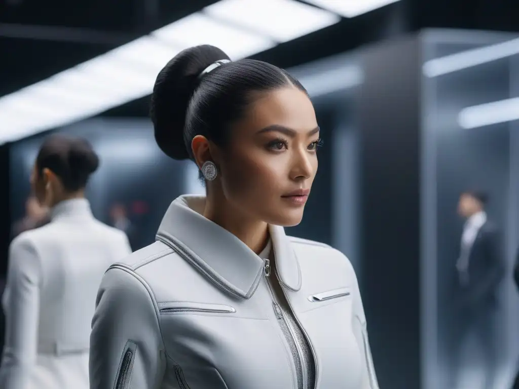 Moda futurista: grupo diverso en showroom tecnológico Una escena futurista de moda inclusiva y diversa con wearables premium, evocando elegancia y sofisticación