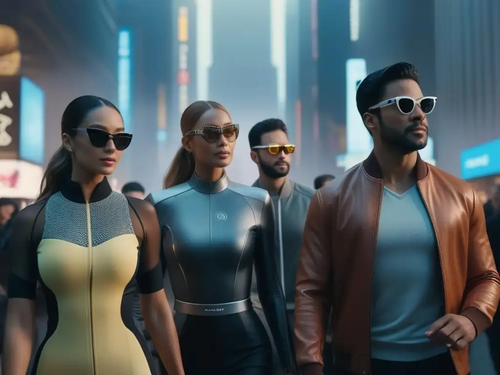 Futuristas wearables urbanos: diversidad y conectividad Una escena futurista de moda inclusiva para todos los cuerpos, con wearables elegantes integrados en outfits de lujo