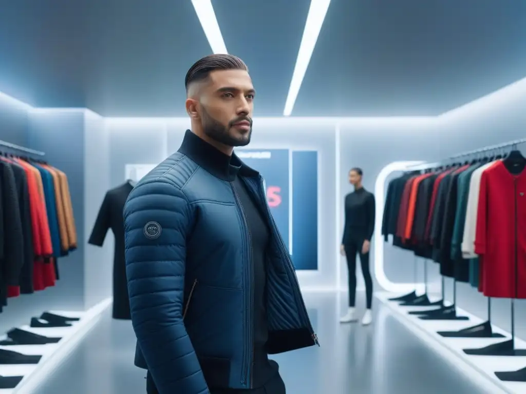 Moda inclusiva con tecnología wearable en ambiente futurista Una escena futurista de moda inclusiva tecnología wearable con personas seguras y estilosas en un entorno de retail innovador