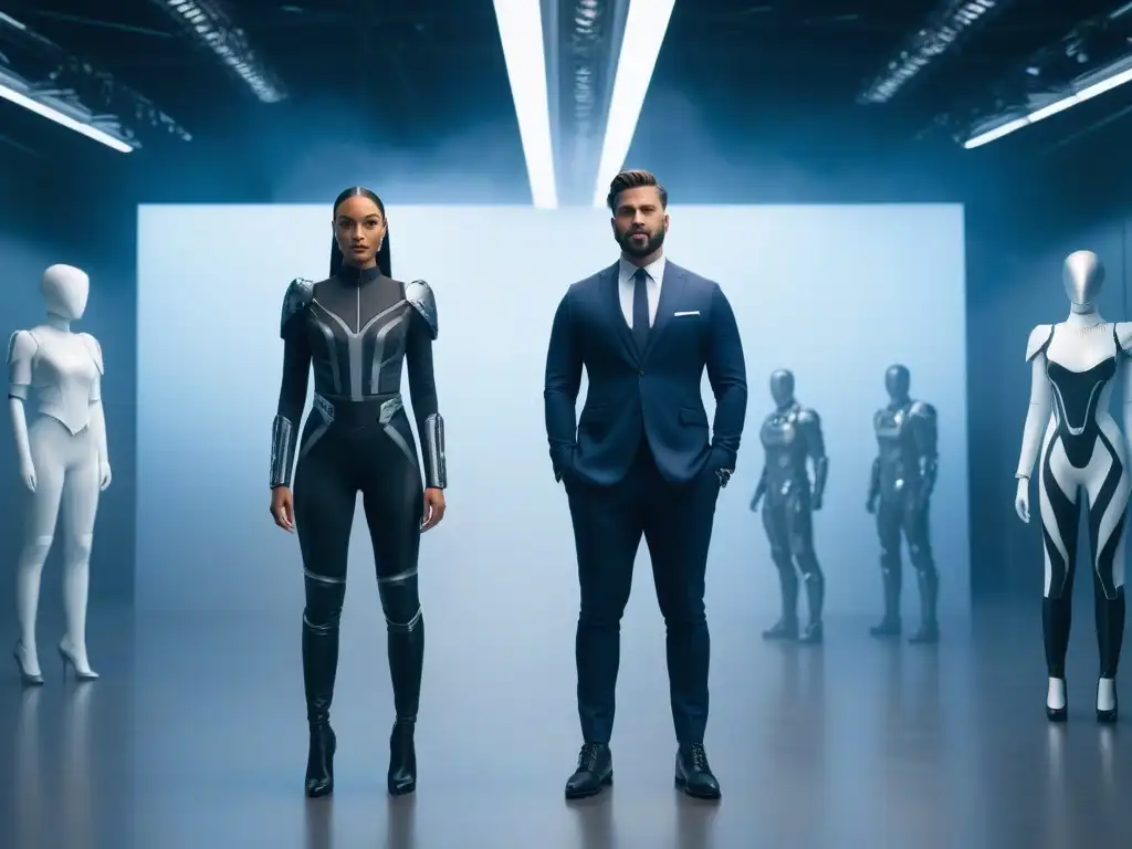 Moda tecnológica inclusiva y futurista con wearables innovadores Una escena futurista de moda inclusiva para todos cuerpos, con tecnología wearable innovadora