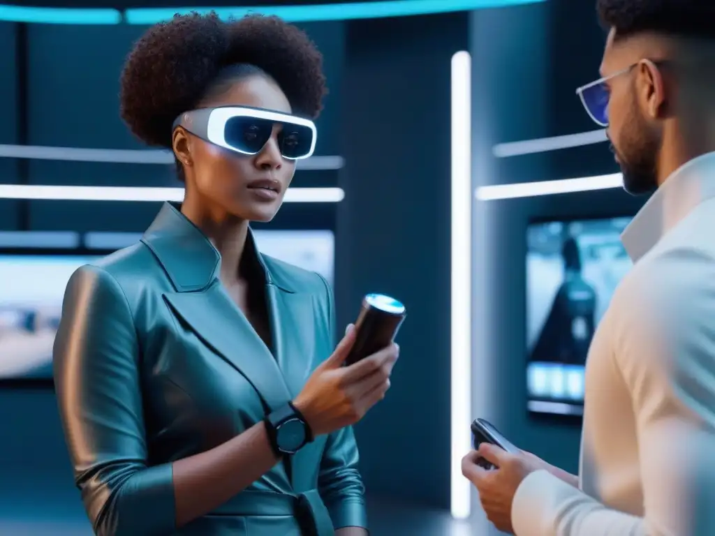 Innovación inclusiva: moda tech de alta gama Una escena futurista de moda inclusiva y tecnología premium con personas de diversas edades y etnias interactuando con wearables de alta gama