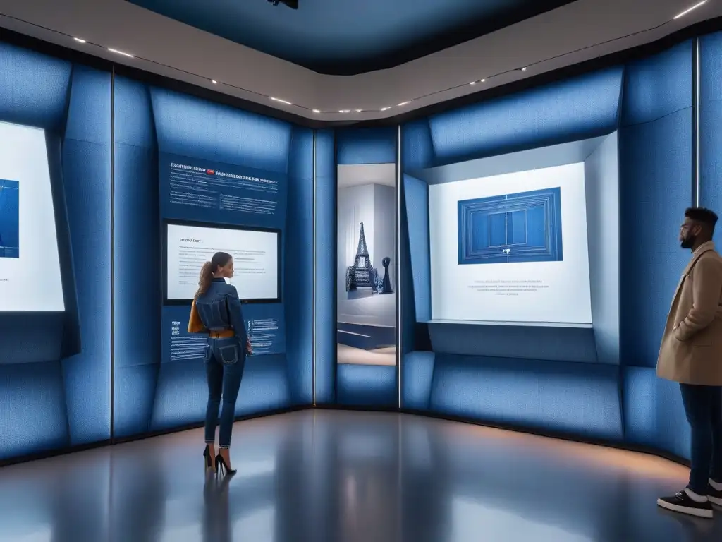 Museo del Denim Futurista: Evolución de la Moda Vaquera Escena futurista en museo del denim con arquitectura geométrica y exhibiciones interactivas