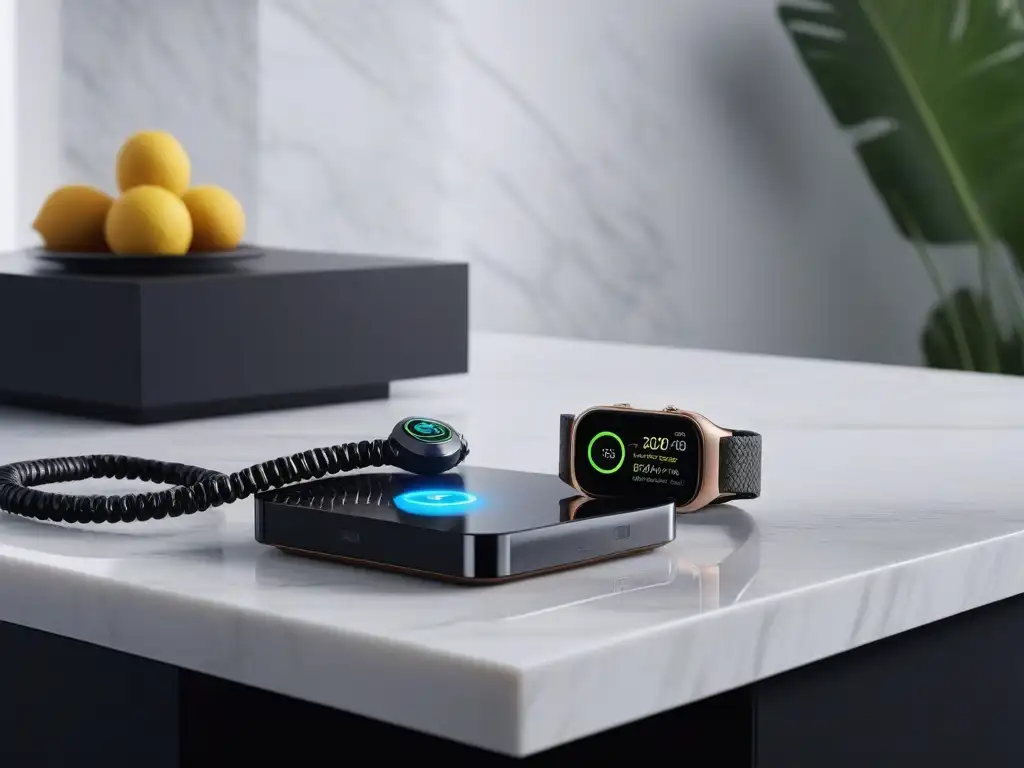 Smart home de lujo: tecnología wearable integrada Escena de hogar inteligente con los mejores gadgets tecnología wearable, modernos y aspiracionales