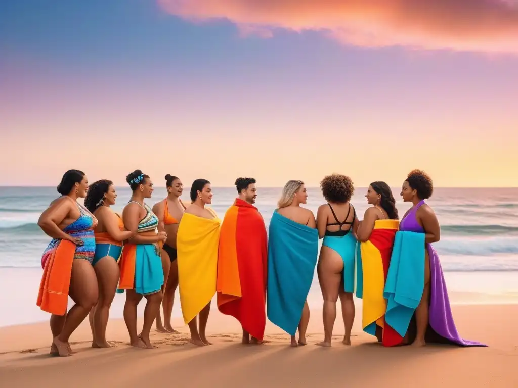 Diversidad inclusiva en la playa: moda de baño para todos Una escena playera inclusiva y vibrante en verano con variedad de cuerpos y trajes de baño, celebrando la diversidad