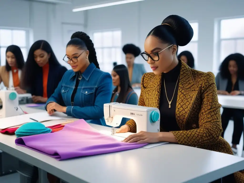 Colaboración creativa: estudiantes de moda diversa diseñando juntos Una escena inspiradora de educación inclusiva en moda, con estudiantes diversos colaborando en diseños innovadores en un aula moderna y luminosa