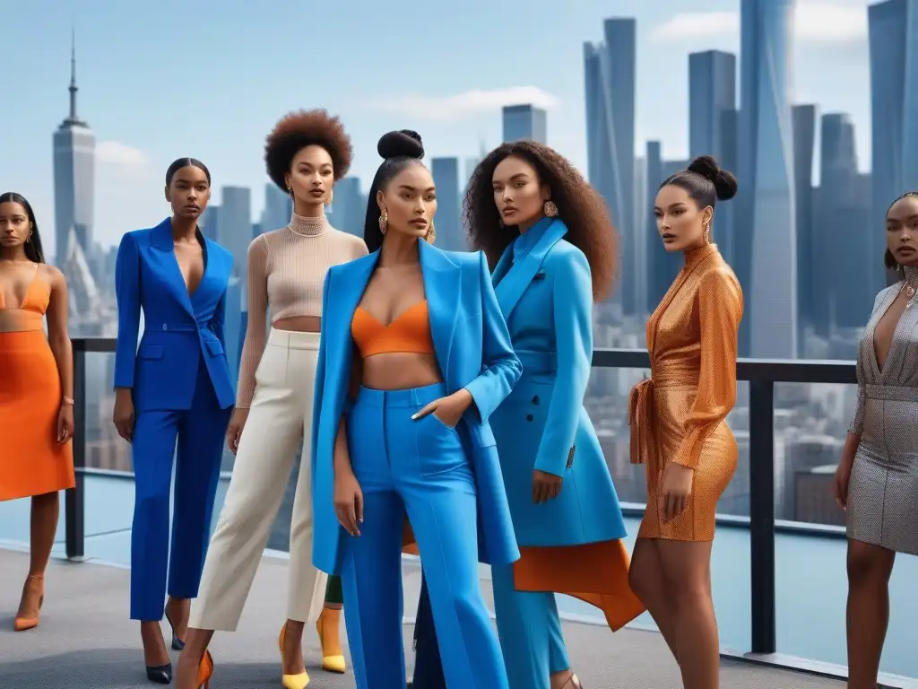 Moda inclusiva y sostenible: diversidad en la azotea Una escena inspiradora de moda inclusiva sostenible diversa tallas, modelos confiados en una azotea urbana con skyline moderno y cielo azul