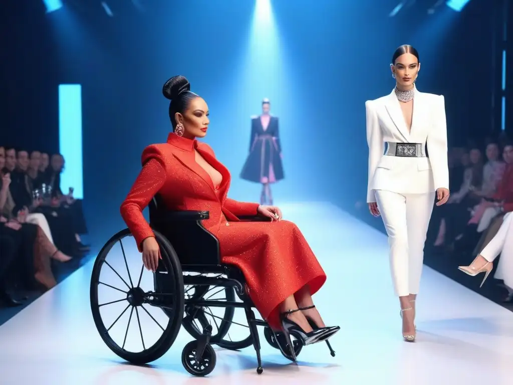 Desfile inclusivo: moda empoderada en pasarela futurista Una escena inspiradora de moda inclusiva en una pasarela futurista, donde modelos con discapacidad muestran diseños vanguardistas
