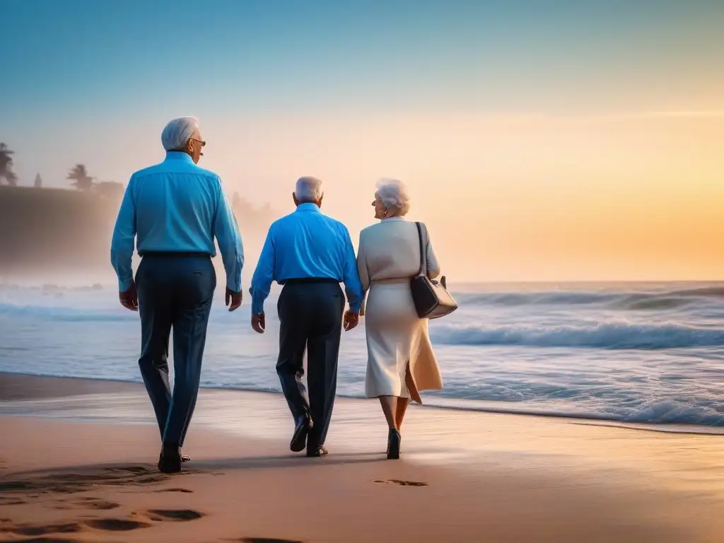 Grupo de elegantes adultos mayores paseando en la playa al atardecer Una escena inspiradora de moda veraniega para seniors: elegancia y sofisticación en la playa al atardecer