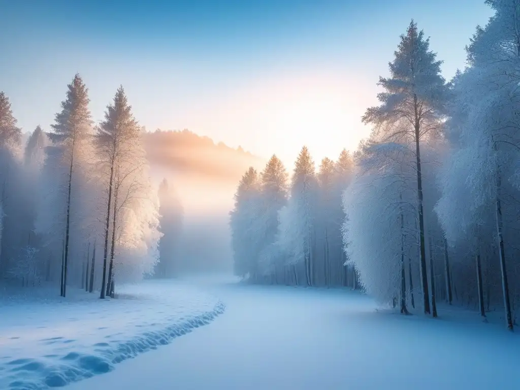 Paisaje invernal sereno: árboles nevados bajo la suave luz invernal Escena invernal serena con árboles nevados brillando bajo la suave luz del sol invernal, creando una atmósfera tranquila