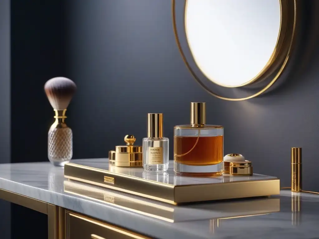 Vanity table de lujo: glamour y empoderamiento con productos de belleza Escena de lujo con productos de belleza en elegante tocador de mármol, reflejando autoestima y bienestar