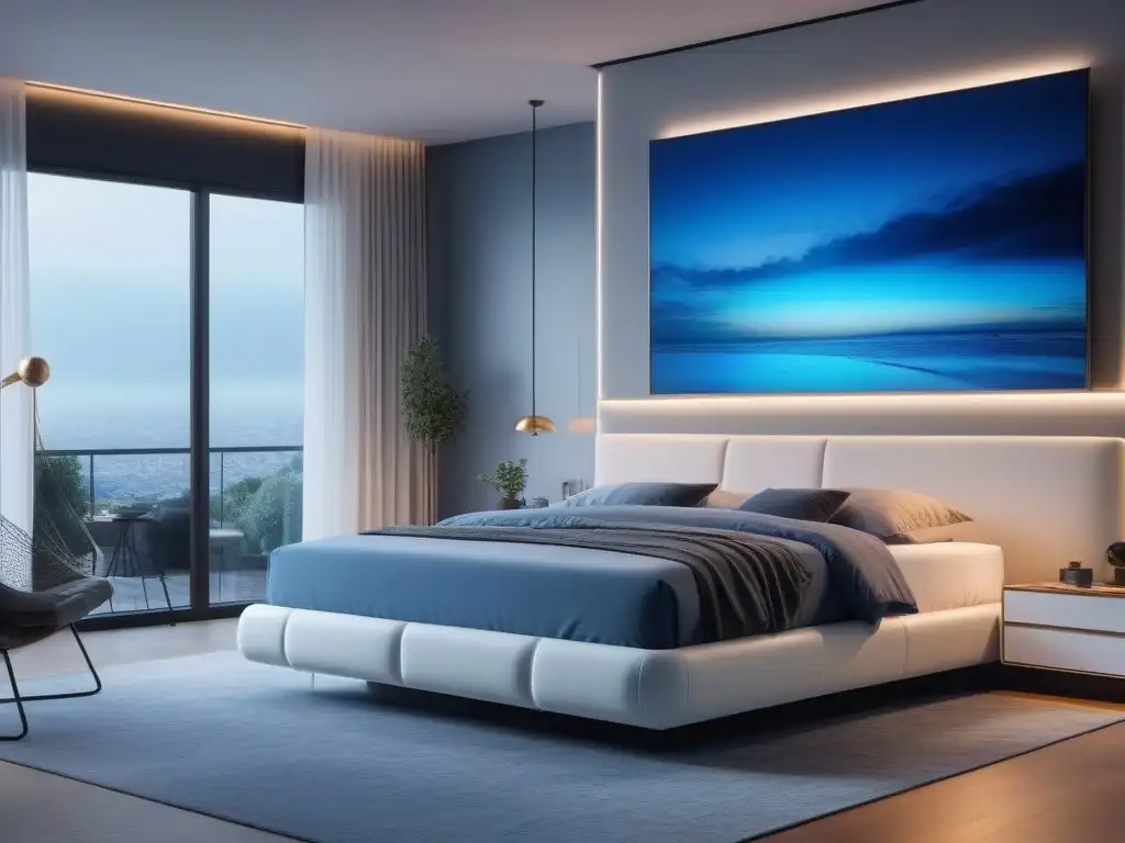 Suite futurista de lujo con cama ajustable y tecnología para el sueño Escena de lujo y tecnología: cama tamaño con tecnología para un sueño reparador en dormitorio minimalista futurista