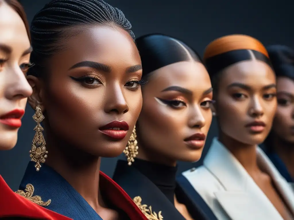 Moda diversa: Detalles lujosos y colores vibrantes en modelos elegantes Una escena lujosa con colores moda lujo tono piel en modelos elegantes, resaltando la armonía y detalles de sus atuendos